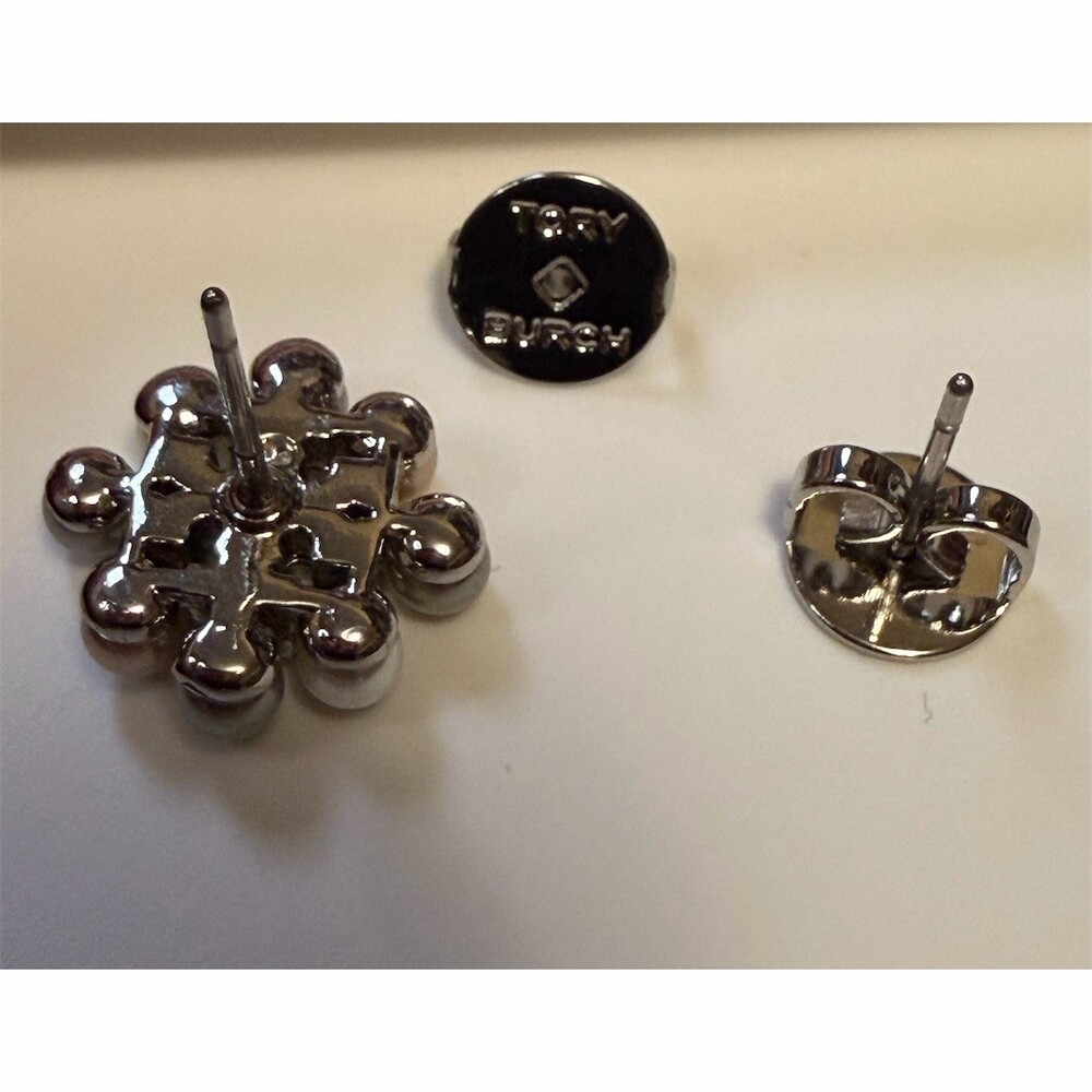 Tory Burch Kira Stud Silver Toned Earrings With Pearl and Crystal Cluster - Picture 2 of 3
